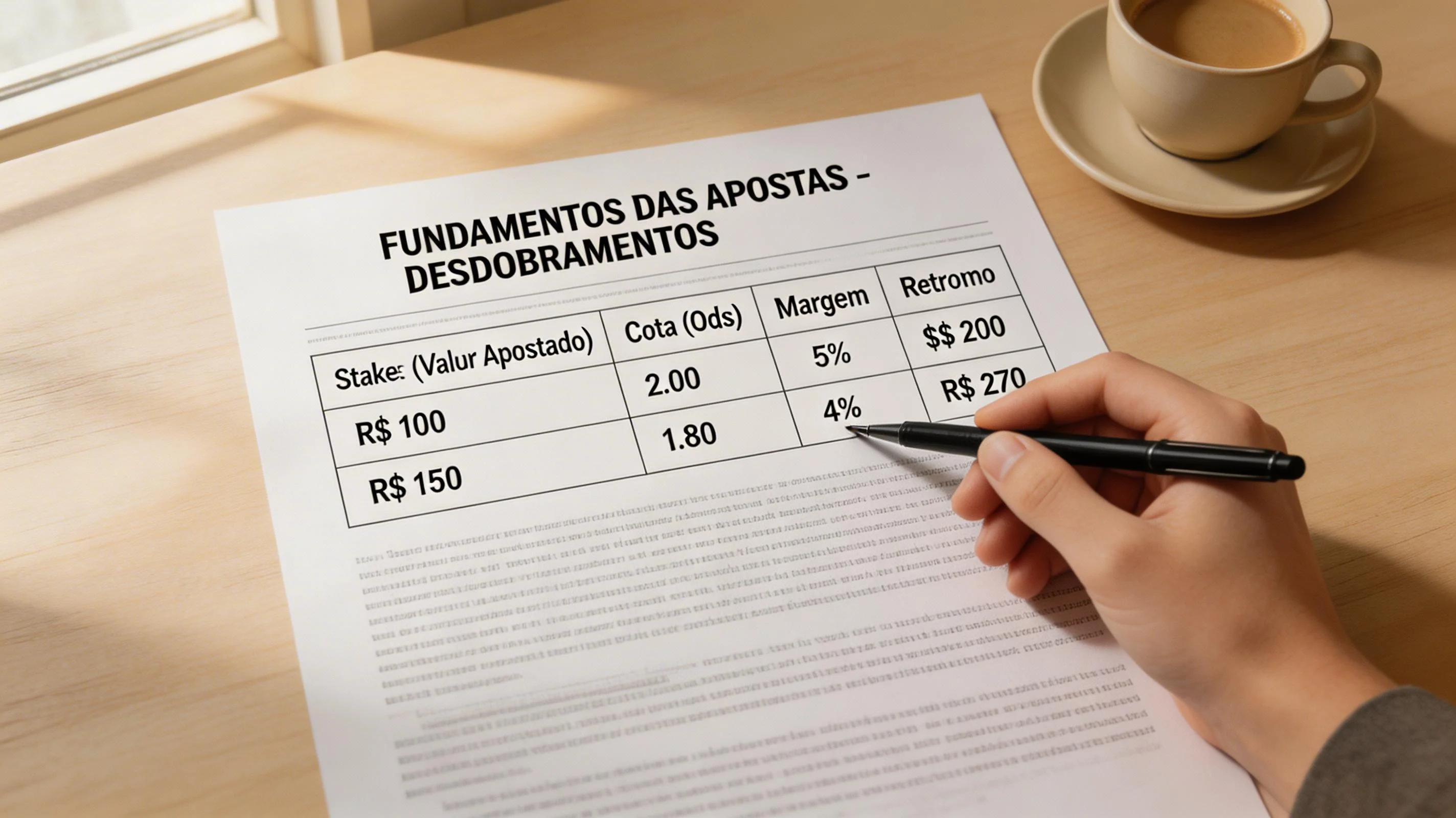 Mesa de trabalho com documento impresso mostrando conceitos de apostas desportivas e terminologia de odds