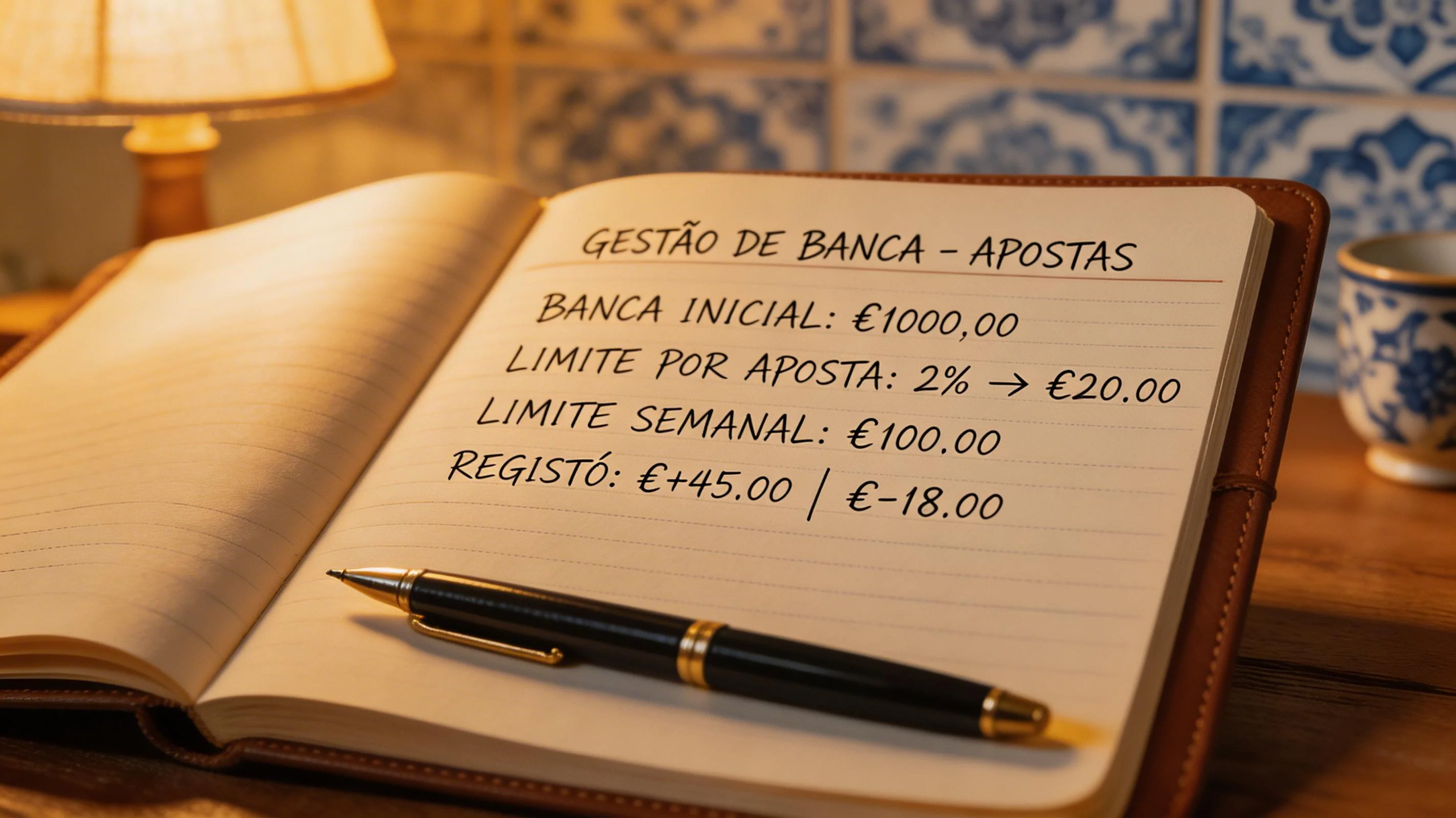 Caderno de notas com planeamento de gestão de banca e apontamentos de estratégia de apostas