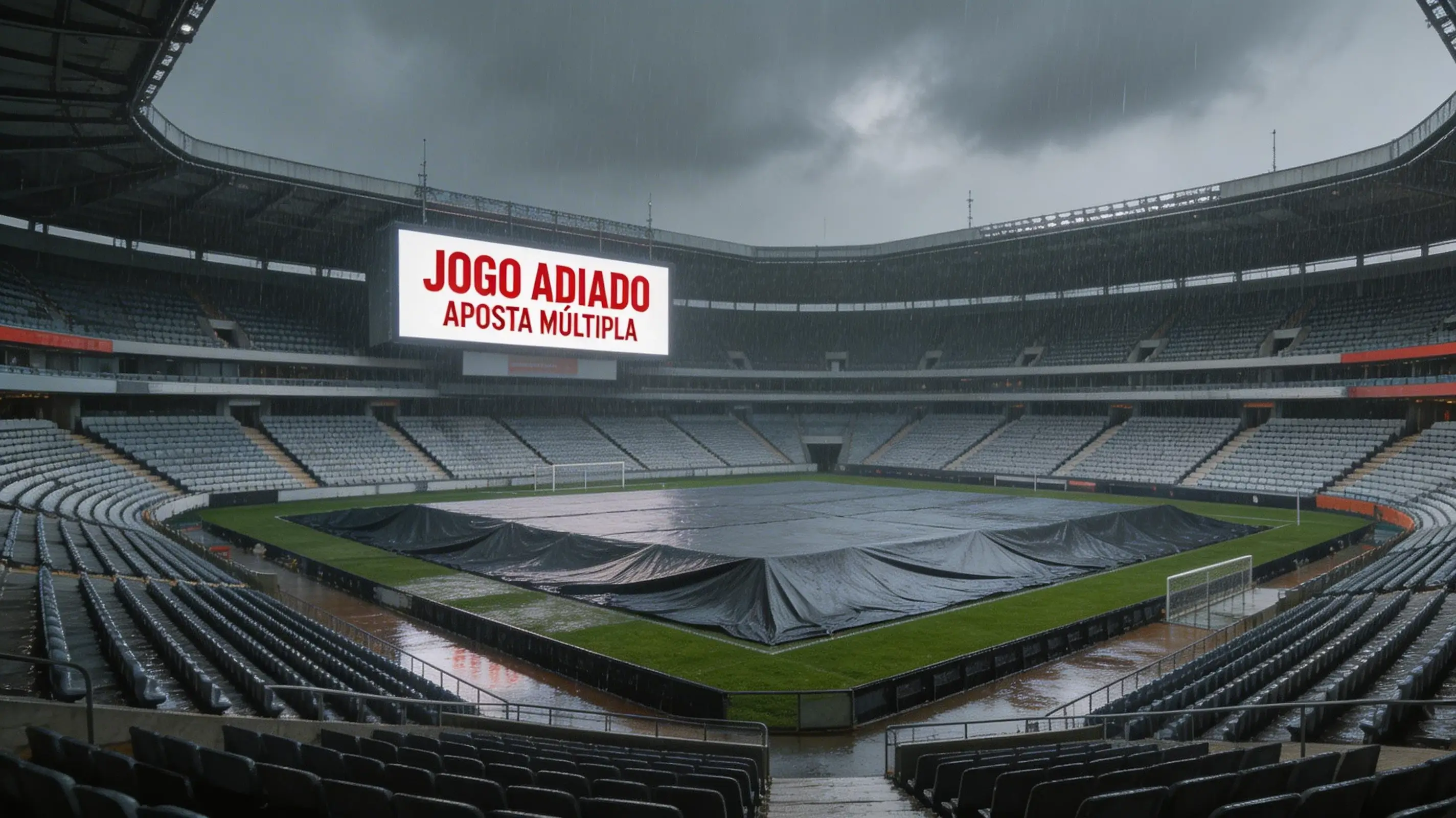 Campo de futebol vazio com sinal de jogo adiado