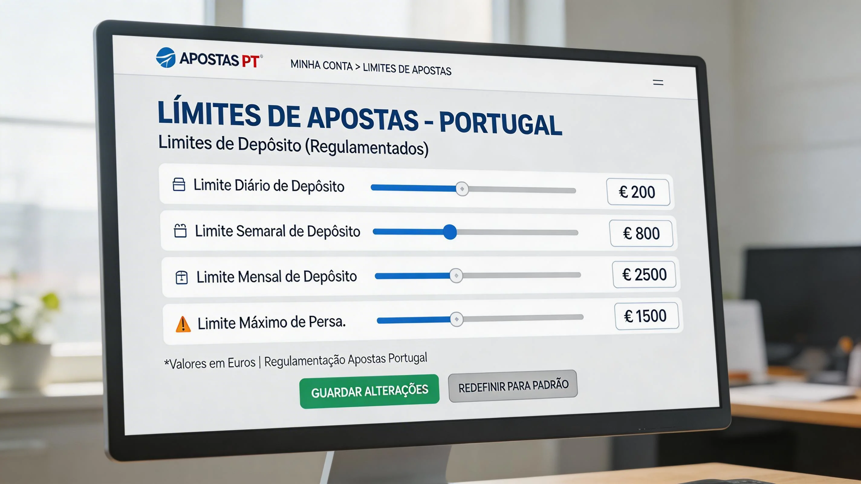 Painel de controlo com limites de apostas definidos