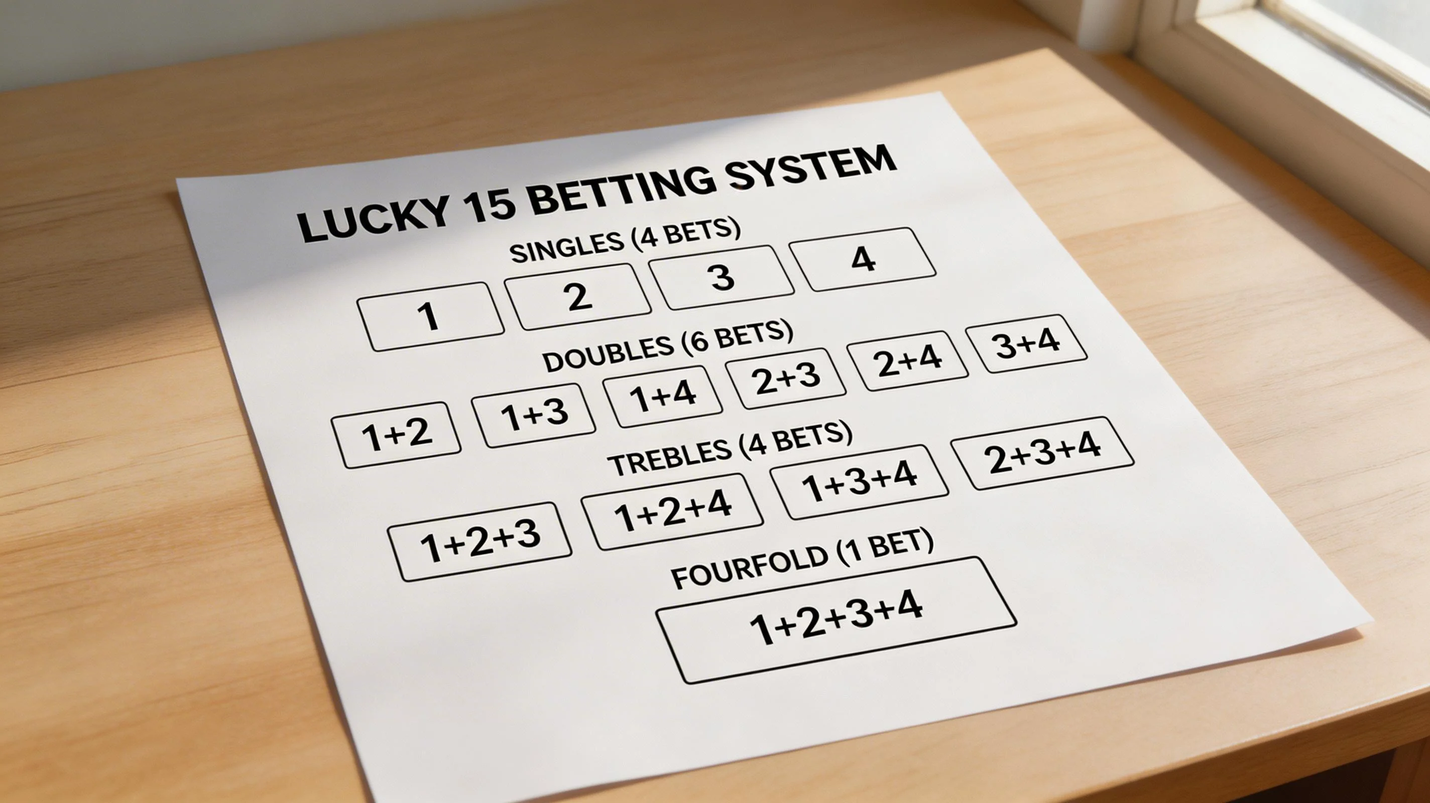Diagrama do sistema Lucky 15 com quinze apostas