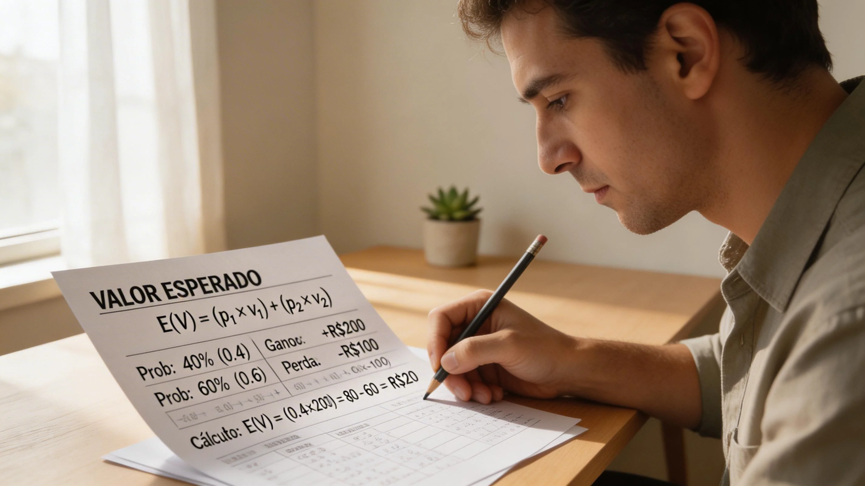 Pessoa a analisar dados em papel com cálculos de odds e valor esperado para apostas desportivas