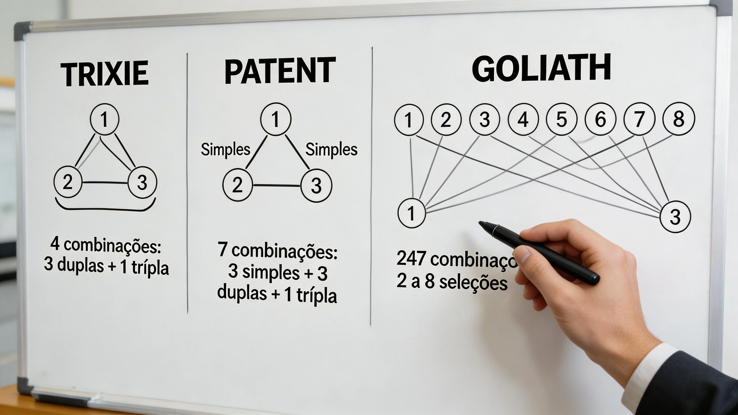 Diagrama visual com estrutura dos sistemas de desdobramento Trixie, Patent e Goliath em papel